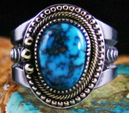 Sammie Kescoli Begay Rare Gem Grade Candelaria Turquoise Solid 18K Gold Over Ingot Sterling Silver Ring