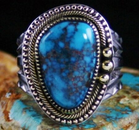 Sammie Kescoli Begay Rare Gem Grade Godber Burnham Spiderweb Turquoise Solid 18K Gold Over Ingot Sterling Silver Ring