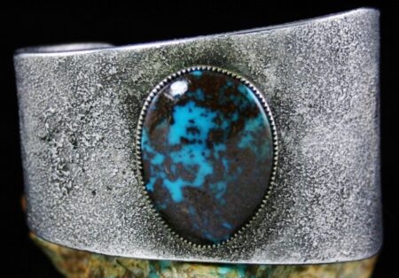 Sammie Kescoli Begay Rare Gem Grade Candelaria Turquoise Solid 18K Gold Over Tufa Cast Sterling Silver Bracelet