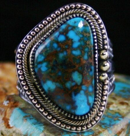 Sammie Kescoli Begay Rare Gem Grade Candelaria Spiderweb Turquoise Solid 18K Gold Over Ingot Sterling Silver Ring
