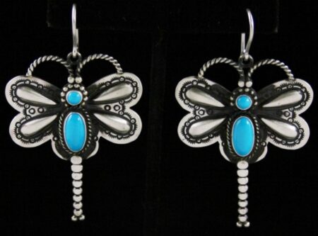 Herman Smith Sleeping Beauty Turquoise Dragonfly Design Ingot Dangle Earrings