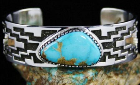 Tommy Jackson Rare High Grade Royal Blue Turquoise Navajo Rug Pattern Design Overlay Bracelet