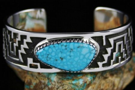 Tommy Jackson Rare High Grade Waterweb Kingman Turquoise Navajo Rug Pattern Design Overlay Bracelet