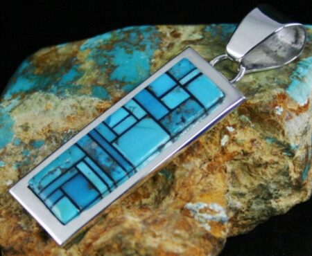 Tommy Jackson Rare High Grade Castle Dome Turquoise and Black Jade Inlay Pendant