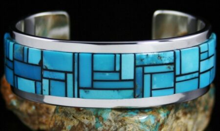 Tommy Jackson Rare High Grade Castle Dome Turquoise and Black Jade Inlay Bracelet