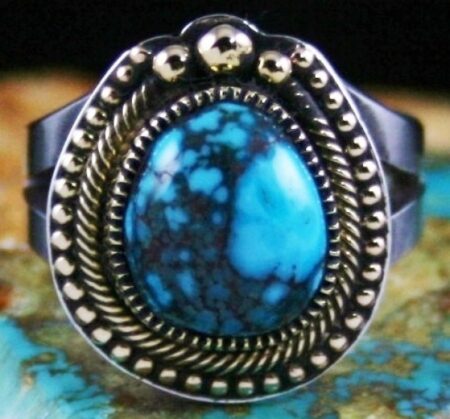Sammie Kescoli Begay Rare Gem Grade Candelaria Spiderweb Turquoise Solid 18K Gold Over Ingot Sterling Silver Ring