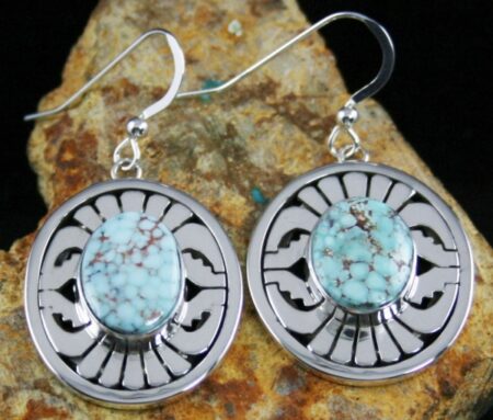 Leonard Nez Rare Gem Grade Dry Creek Spiderweb Turquoise Overlay Dangle Earrings