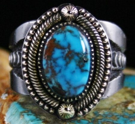 Sammie Kescoli Begay Rare Gem Grade Candelaria Turquoise Solid 18K Gold Over Ingot Sterling Silver Ring