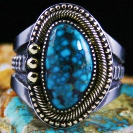 Sammie Kescoli Begay Rare Gem Grade Carico Lake Supreme Spiderweb Turquoise Solid 18K Gold Over Ingot Sterling Silver Ring