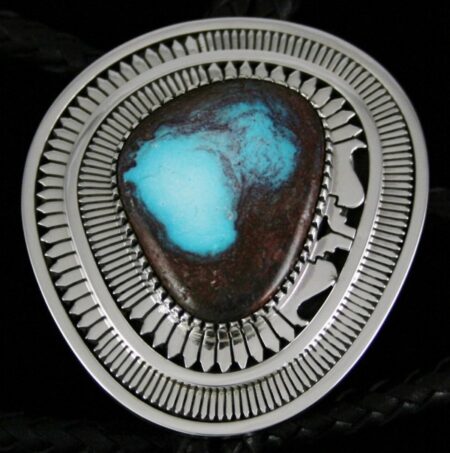 Leonard Nez Rare High Grade Bisbee Turquoise Overlay Bolo Tie
