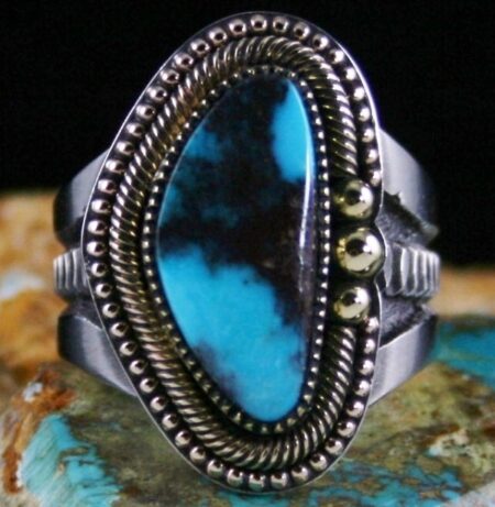 Sammie Kescoli Begay Rare Gem Grade Bisbee Turquoise Solid 18K Gold Over Ingot Sterling Silver Ring