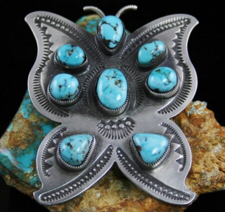 Sammie Kescoli Begay Rare High Grade Dry Creek Turquoise Ingot Butterfly Pin