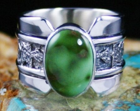 Alfred Joe Rare Gem Grade Royston Turquoise Navajo Rug Pattern Design Overlay Ring