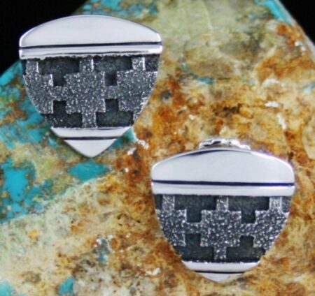 Alfred Joe Sterling Silver Navajo Rug Pattern Design Overlay Earrings