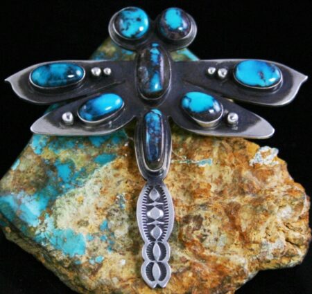 Sammie Kescoli Begay Rare Gem Grade Bisbee Turquoise Ingot Dragonfly Pin