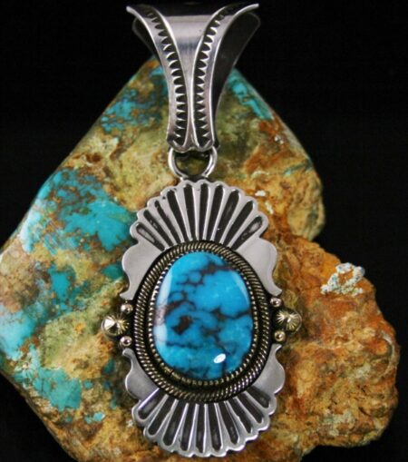 Sammie Kescoli Begay Rare Gem Grade Candelaria Turquoise Solid 18K Gold Over Ingot Sterling Silver Pendant