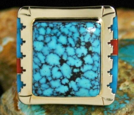 Leo Yazzie Rare Gem Grade Kingman Spiderweb Turquoise Solid 14K Gold Over Sterling Silver Ring