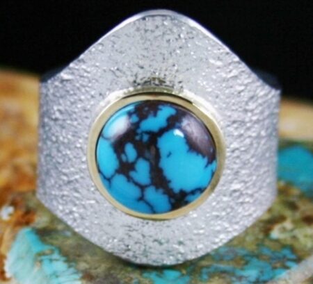Darryl Dean Begay Rare Gem Grade Bisbee Turquoise Solid 18K Gold Over Tufa Cast Sterling Silver Ring