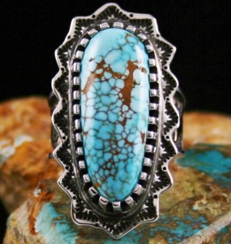 Arland Ben Rare High Grade Number Eight Spiderweb Turquoise Solid 14K Gold Over Sterling Silver Petroglyph Design Ring