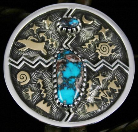 Arland Ben Rare Gem Grade Bisbee Turquoise Solid 14K Gold Over Sterling Silver Petroglyph Design Bolo Tie