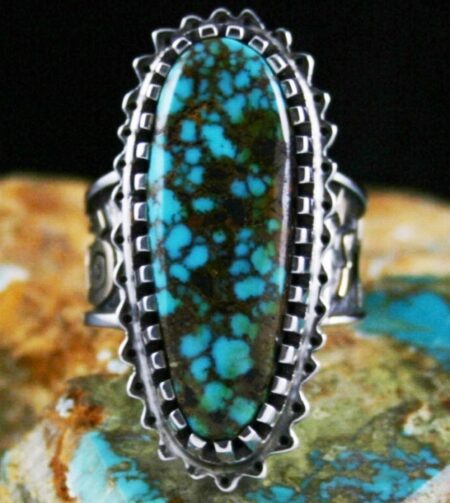 Arland Ben Rare Gem Grade Blue Star Spiderweb Turquoise Solid 14K Gold Over Sterling Silver Petroglyph Design Ring