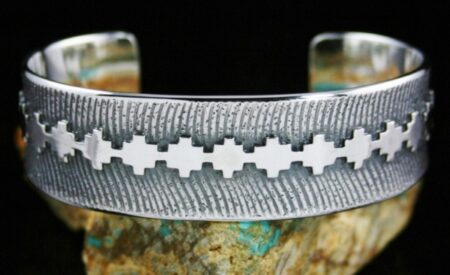 Alfred Joe Sterling Silver Navajo Rug Pattern Design Overlay Bracelet
