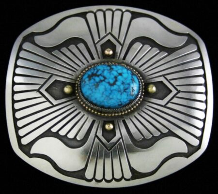 Sammie Kescoli Begay Rare Gem Grade Candelaria Spiderweb Turquoise Solid 18K Gold Over Ingot Sterling Silver Belt Buckle