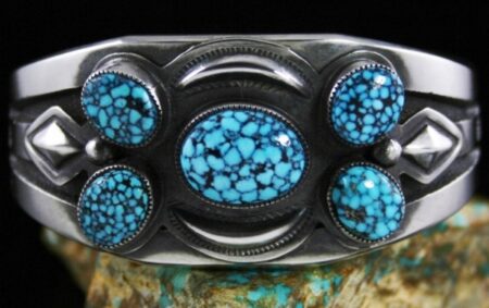 Sammie Kescoli Begay Rare Gem Grade Black Web Kingman Turquoise Ingot Cluster Bracelet