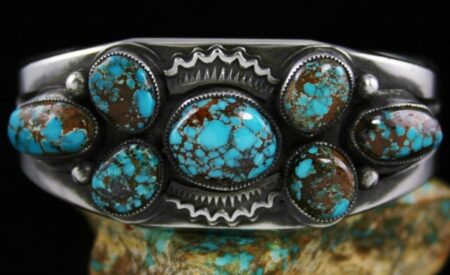 Sammie Kescoli Begay Rare Gem Grade Super X Spiderweb Turquoise Ingot Cluster Bracelet