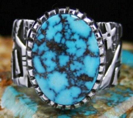 Kee Yazzie Rare Gem Grade Red Web Kingman Turquoise Anasazi Petroglyph Design Ring