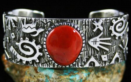 Kee Yazzie Mediterranean Coral Double Sided Anasazi Petroglyph Design Overlay Bracelet