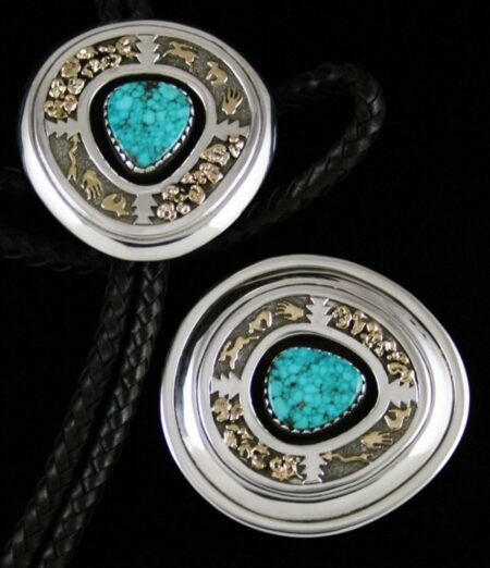 Leonard Nez Rare Gem Grade Lone Mountain Spiderweb Turquoise Solid 14K Gold Over Sterling Silver Bolo Tie and Matching Belt Buckle
