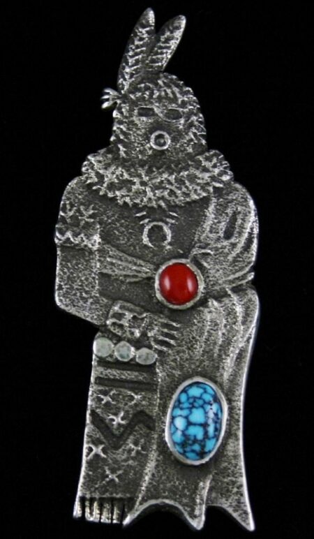 Lee Begay Rare Gem Grade Red Web Kingman Turquoise and Mediterranean Coral Yeibechai Design Tufa Cast Pendant