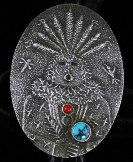 Lee Begay Rare Gem Grade Bisbee Turquoise and Mediterranean Coral Yeibechai Tufa Cast Bolo Tie