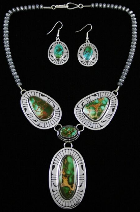 Leonard Nez Rare Gem Grade Royston Spiderweb Turquoise Overlay Necklace and Matching Dangle Earrings