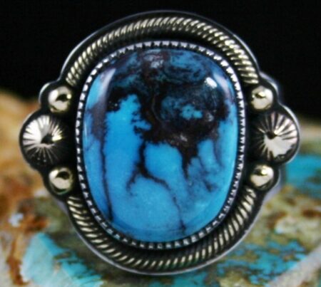Sammie Kescoli Begay Rare Gem Grade Bisbee Turquoise Solid 18K Gold Over Ingot Sterling Silver Ring