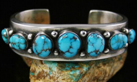 Sammie Kescoli Begay Rare Gem Grade Candelaria Turquoise Ingot Coin Silver Row Bracelet