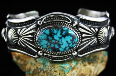 Harry H. Begay Rare Gem Grade Godber Burnham Spiderweb Turquoise Hammered Ingot Bracelet