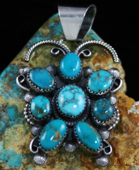 Tommy Jackson Rare Gem Grade Carico Lake Supreme Turquoise Butterfly Design Cluster Pendant