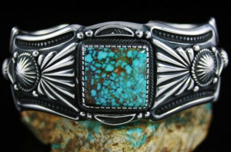 Harry H. Begay Rare Gem Grade Turquoise Mountain Spiderweb Hammered Ingot Bracelet