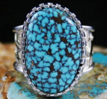 Arland Ben Rare Gem Grade Red Web Kingman Turquoise Solid 14K Gold Over Sterling Silver Petroglyph Design Ring