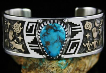 Arland Ben Rare Gem Grade Bisbee Turquoise Solid 14K Gold Over Sterling Silver Petroglyph Design Bracelet