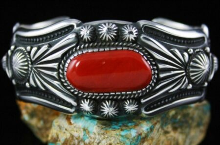 Harry H. Begay Rare Gem Grade Mediterranean Oxblood Coral Hammered Ingot Bracelet
