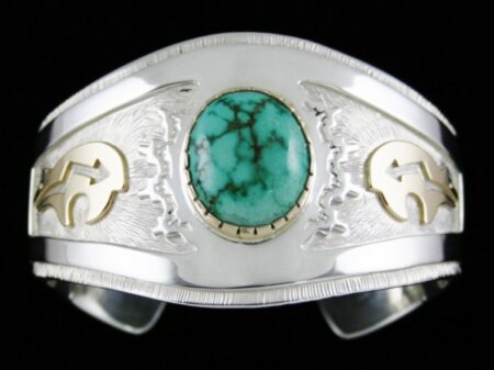 Dina Huntinghorse Rare Gem Grade Cheyenne Turquoise Solid 14K Gold Over Sterling Silver Bear Bracelet