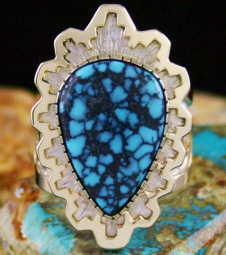 Dina Huntinghorse Rare Gem Grade Indian Mountain Spiderweb Turquoise Solid 14K Gold Over Sterling Silver Ring