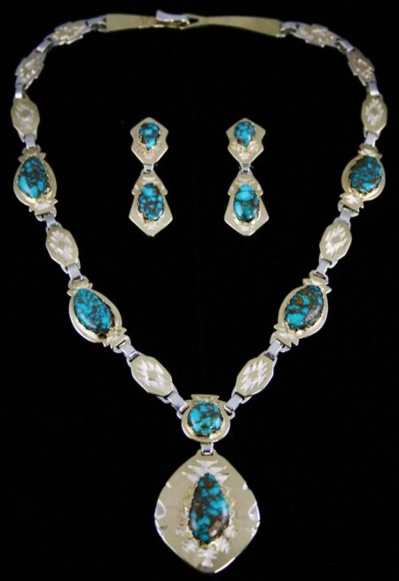 Dina Huntinghorse Rare Gem Grade Candelaria Spiderweb Turquoise Solid 14K Gold Over Sterling Silver Necklace and Earrings