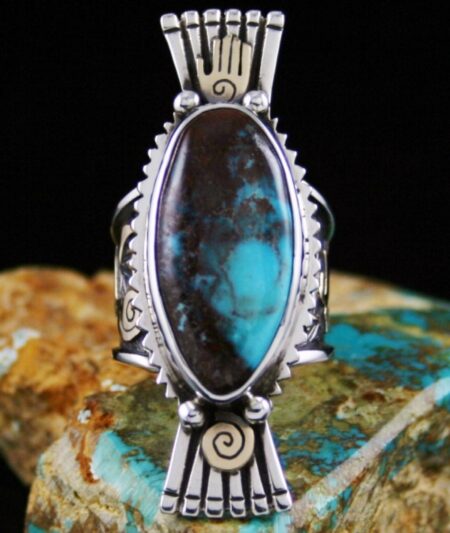 Arland Ben Rare Gem Grade Bisbee Turquoise Solid 14K Gold Over Sterling Silver Petroglyph Design Ring