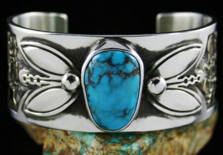 Arland Ben Rare Gem Grade Bisbee Turquoise Solid 14K Gold Over Sterling Silver Petroglyph Design Bracelet