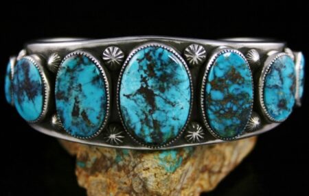 Sammie Kescoli Begay Rare Gem Grade Apache Blue Turquoise Ingot Coin Silver Row Bracelet