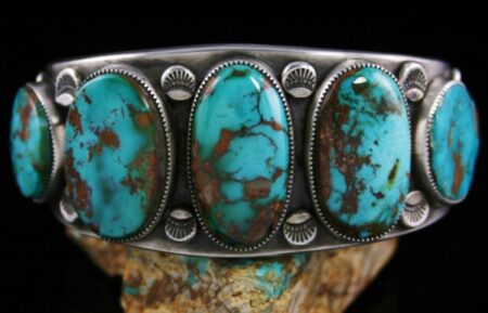 Sammie Kescoli Begay Rare Gem Grade Easter Blue Turquoise Ingot Coin Silver Row Bracelet